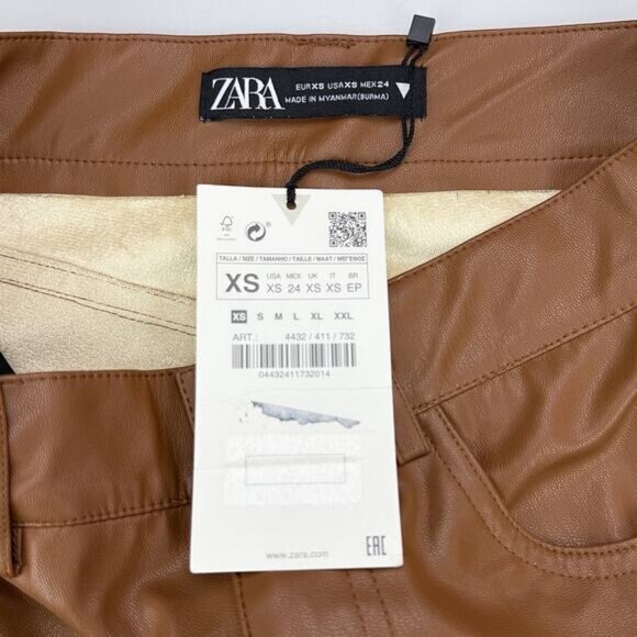 Zara New Woman Full Length Faux Leather Straight Leg Pants Caramel XS - Picture 3 of 5